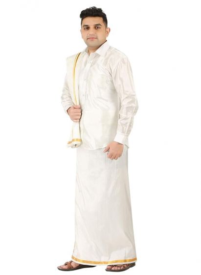 Mens Silk Shirt, Double Layer Mulam Dhoti, and Single Towel