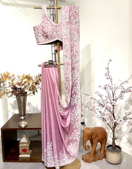 Baby Pink Chiffon Silk Saree with Thread work