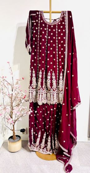 Deep Wine Colour Gorget With Heavy Embrodery Gharara