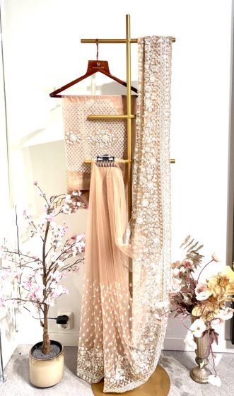 Light Peach Heavy Embroidery Net Saree