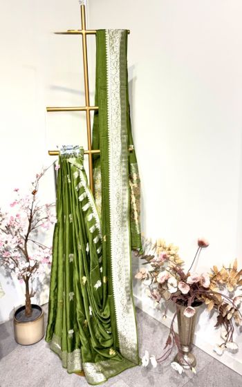 Olive Green Satin Banaras Saree