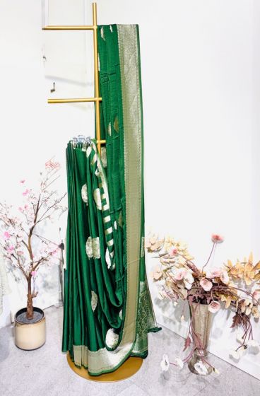 Dark Green Satin Banaras Saree