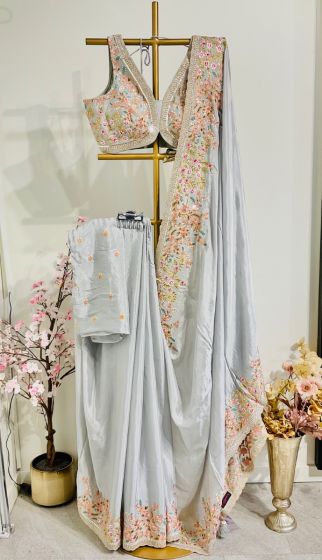 Gray chiffon silk with designer blouse 