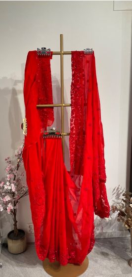 Chilli Red soft organza silk saree with 3D flower design 