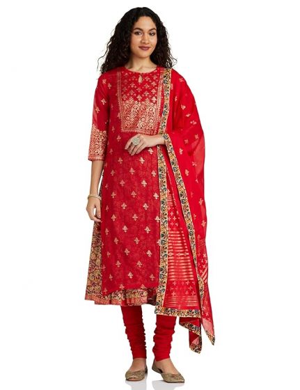 Women Double Layered Kurta Churidar Suit Set