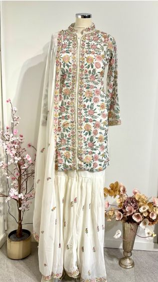 Ivory Sharara With Multi Colour Thread Work Design